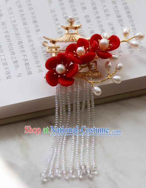 Chinese Ancient Court Red Flowers Tassel Brooch Traditional Princess Hanfu Breastpin Accessories for Women