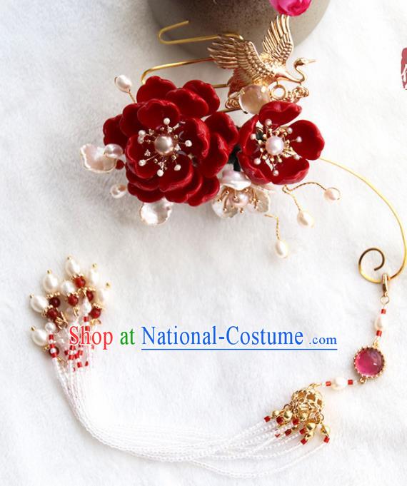 Chinese Ancient Court Red Flowers Crane Tassel Brooch Traditional Princess Hanfu Breastpin Accessories for Women