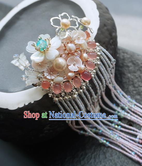 Chinese Ancient Princess Hairpins Pink Pearls Tassel Hair Claw Traditional Handmade Hanfu Hair Accessories for Women