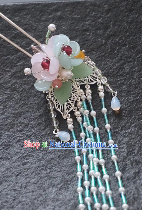 Chinese Ancient Princess Blue Beads Tassel Hairpins Traditional Handmade Hanfu Hair Accessories for Women