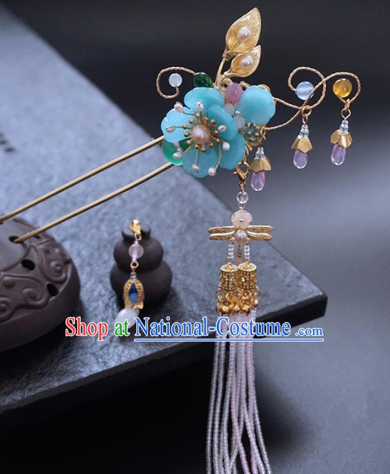 Chinese Ancient Princess Blue Plum Tassel Hairpins Traditional Handmade Hanfu Hair Accessories for Women