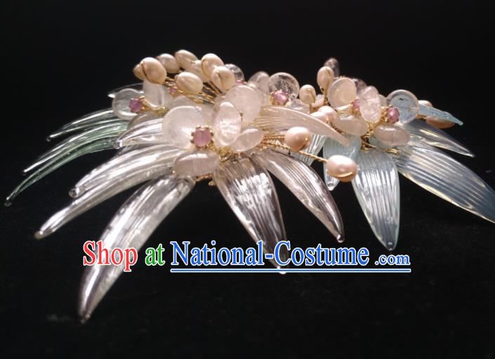 Chinese Ancient Princess Bamboo Leaf Pearls Hair Claws Hairpins Traditional Handmade Hanfu Hair Accessories for Women