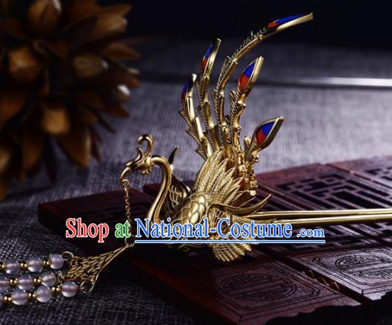 Chinese Ancient Princess Phoenix Tassel Hair Clip Golden Hairpins Traditional Handmade Hanfu Hair Accessories for Women