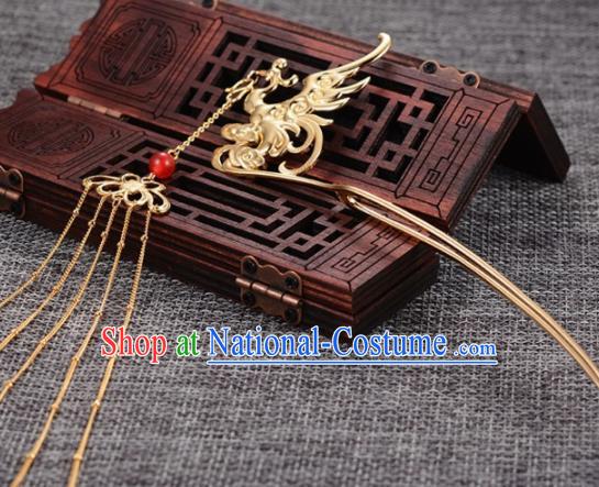 Chinese Ancient Princess Tassel Hair Clip Golden Phoenix Hairpins Traditional Handmade Hanfu Hair Accessories for Women