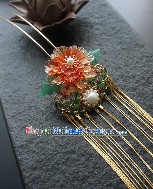 Chinese Ancient Princess Red Peony Tassel Hairpins Traditional Handmade Hanfu Hair Accessories for Women