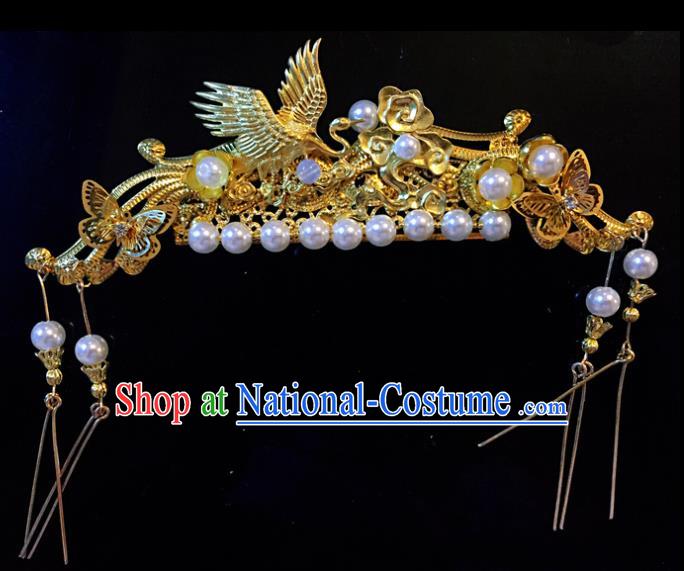 Chinese Ancient Princess Golden Crane Tassel Hair Comb Hairpins Traditional Handmade Hanfu Hair Accessories for Women