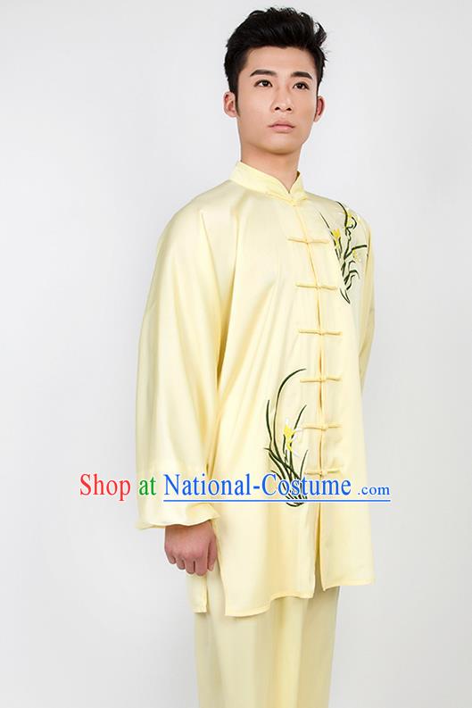 Chinese Traditional Martial Arts Competition Embroidered Orchid Yellow Costume Kung Fu Tai Chi Training Clothing for Men