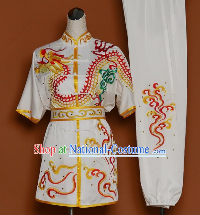 Best Martial Arts Competition Embroidered Dragon White Costume Chinese Traditional Kung Fu Tai Chi Training Clothing for Men