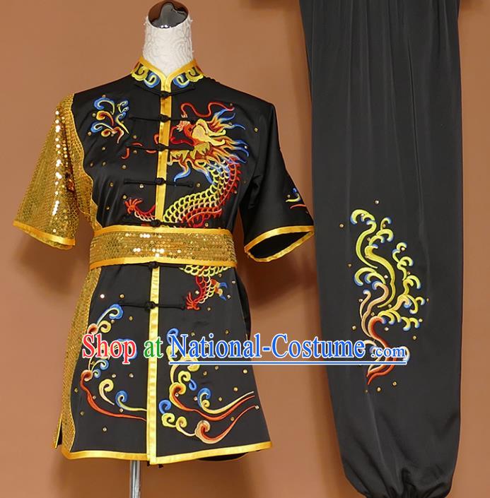 Best Martial Arts Competition Embroidered Dragon Black Uniforms Chinese Traditional Kung Fu Tai Chi Training Costume for Men