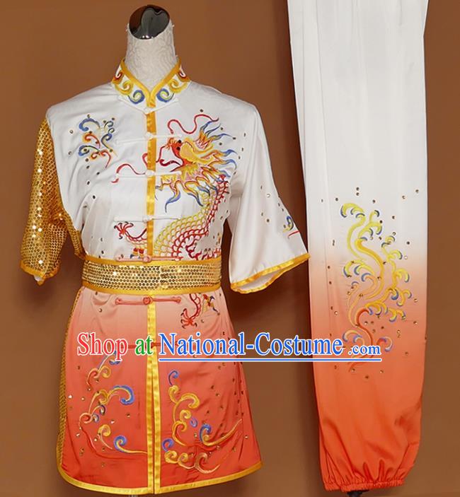 Best Martial Arts Competition Embroidered Dragon Orange Uniforms Chinese Traditional Kung Fu Tai Chi Training Costume for Men