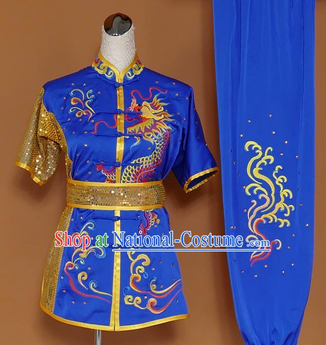 Best Martial Arts Competition Embroidered Dragon Royalblue Uniforms Chinese Traditional Kung Fu Tai Chi Training Costume for Men