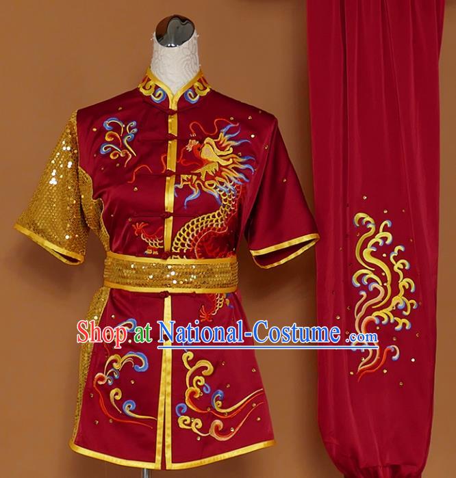 Best Martial Arts Competition Embroidered Dragon Wine Red Uniforms Chinese Traditional Kung Fu Tai Chi Training Costume for Men