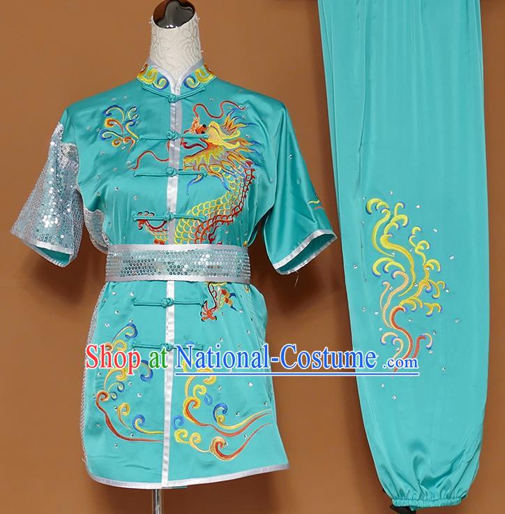 Best Martial Arts Competition Embroidered Dragon Green Uniforms Chinese Traditional Kung Fu Tai Chi Training Costume for Men