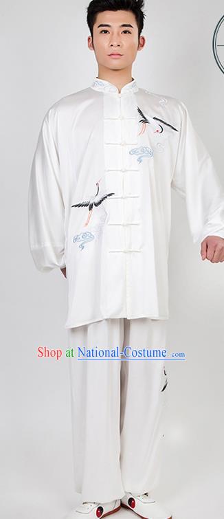 Chinese Traditional Martial Arts Competition Embroidered Crane White Costume Kung Fu Tai Chi Training Clothing for Men