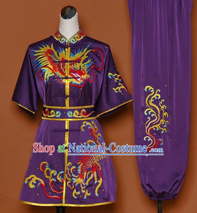 Chinese Martial Arts Competition Embroidered Dragon Purple Uniforms Traditional Kung Fu Tai Chi Training Costume for Men