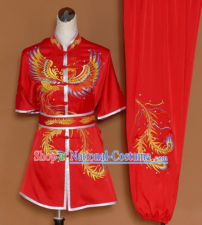 Chinese Professional Martial Arts Embroidered Phoenix Red Costume Traditional Kung Fu Competition Tai Chi Clothing for Women