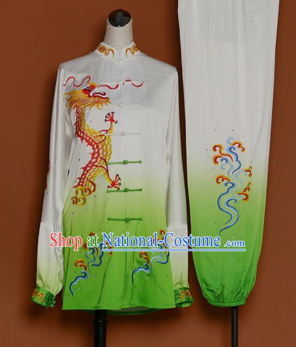 Green Best Martial Arts Competition Embroidered Dragon Uniforms Chinese Traditional Kung Fu Tai Chi Training Costume for Men