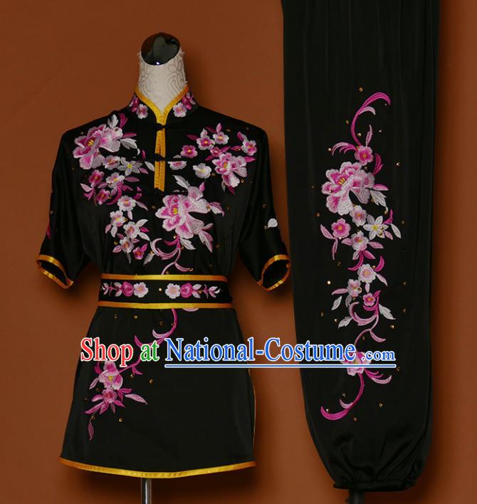 Chinese Professional Martial Arts Embroidered Peony Black Costume Traditional Kung Fu Competition Tai Chi Clothing for Women