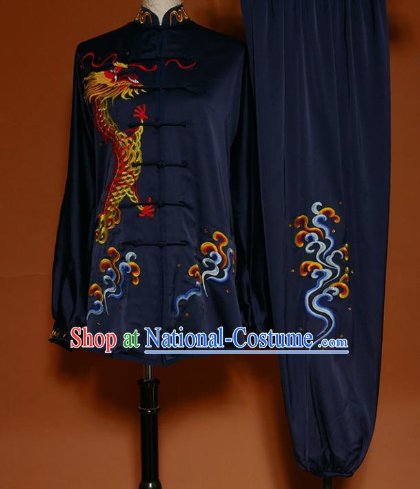 Navy Best Martial Arts Competition Embroidered Dragon Uniforms Chinese Traditional Kung Fu Tai Chi Training Costume for Men