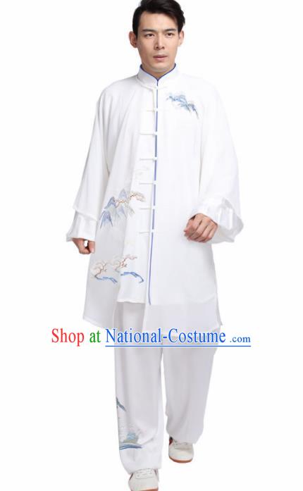 Chinese Martial Arts Competition Embroidered White Uniforms Traditional Kung Fu Tai Chi Training Costume for Men