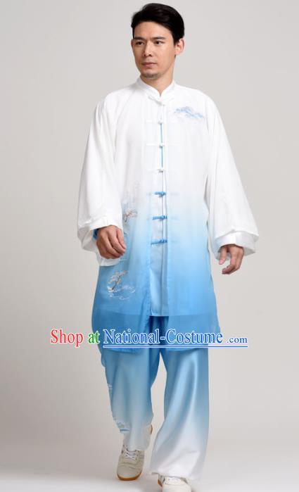 Chinese Martial Arts Competition Embroidered Landscape Blue Uniforms Traditional Kung Fu Tai Chi Training Costume for Men