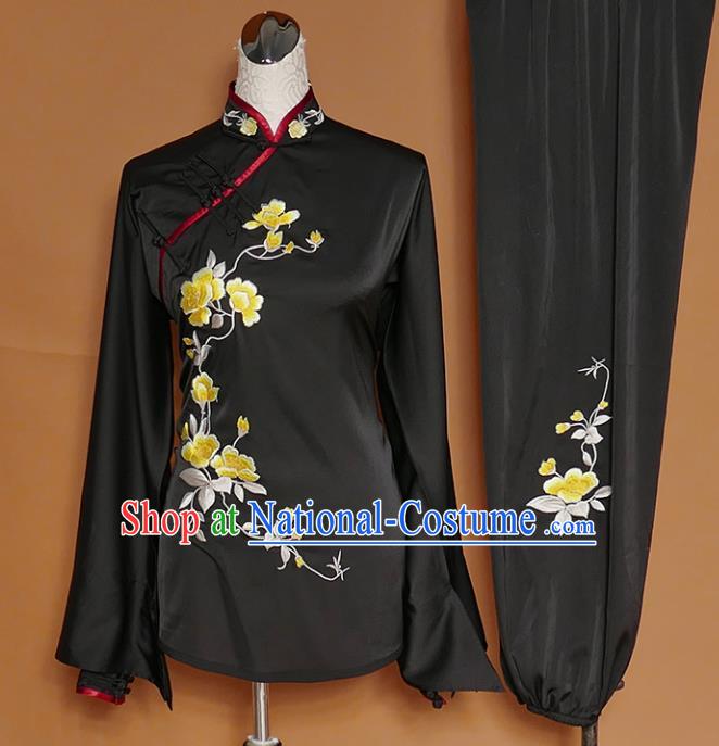 Chinese Traditional Best Martial Arts Embroidered Peony Black Costume Kung Fu Competition Tai Chi Clothing for Women