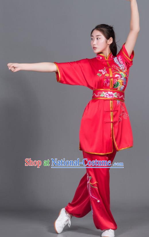 Chinese Martial Arts Competition Embroidered Phoenix Red Uniforms Traditional Kung Fu Tai Chi Training Costume for Men