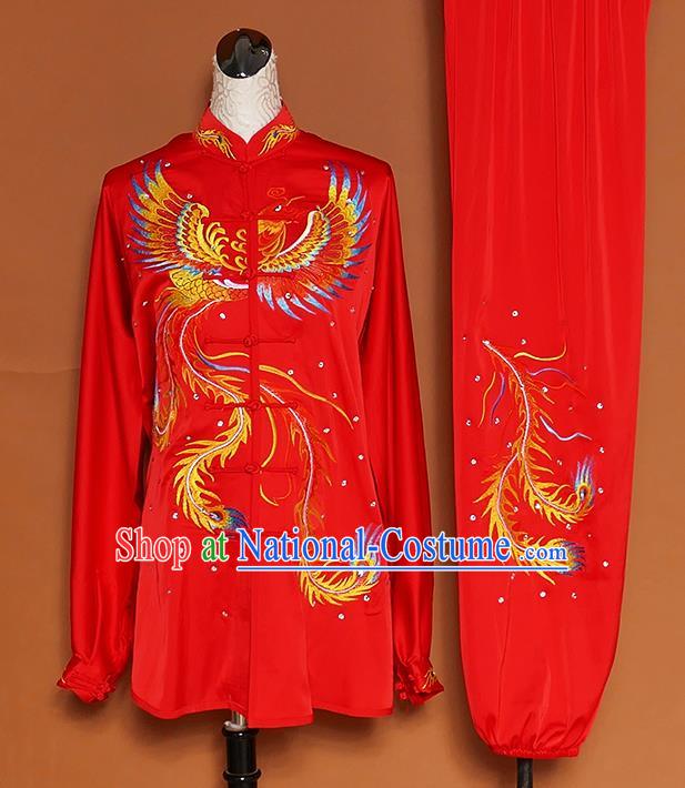 Chinese Traditional Best Martial Arts Embroidered Phoenix Red Costume Kung Fu Competition Tai Chi Clothing for Women