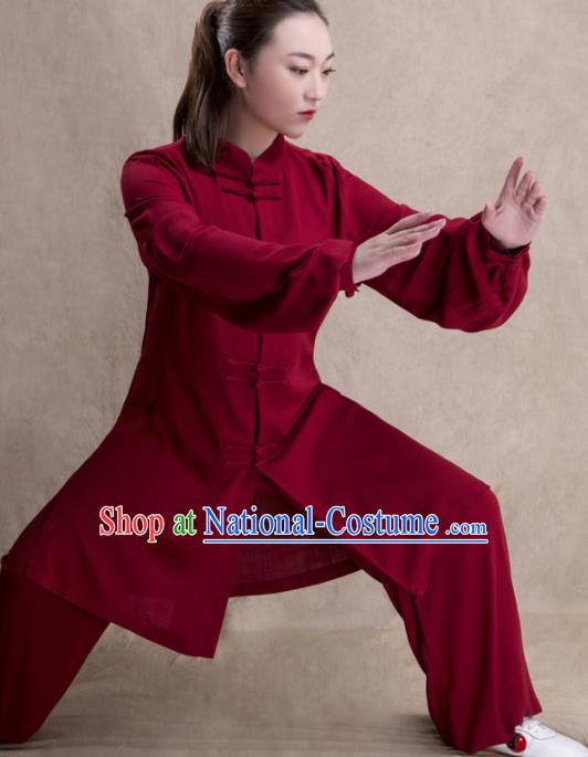 Chinese Traditional Martial Arts Competition Wine Red Costume Kung Fu Tai Chi Training Clothing for Women