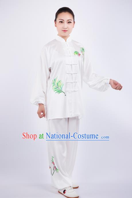 Chinese Traditional Martial Arts Competition Printing White Costume Kung Fu Tai Chi Training Clothing for Women