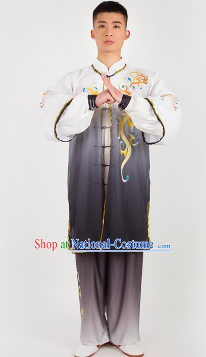 Chinese Traditional Martial Arts Competition Embroidered Grey Costume Kung Fu Tai Chi Training Clothing for Men