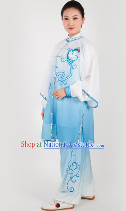 Chinese Traditional Martial Arts Embroidered Blue Costume Kung Fu Competition Tai Chi Training Clothing for Women