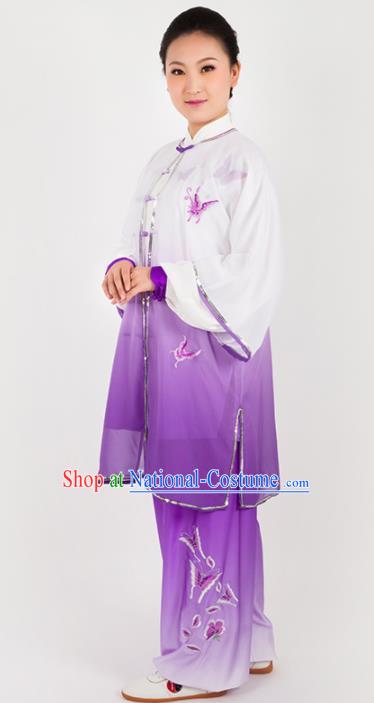 Chinese Traditional Martial Arts Embroidered Purple Costume Kung Fu Competition Tai Chi Training Clothing for Women