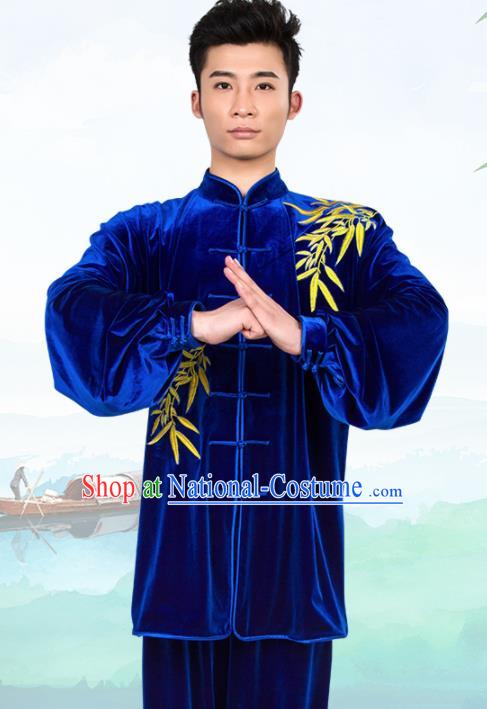 Chinese Traditional Martial Arts Competition Embroidered Royalblue Velvet Costume Kung Fu Tai Chi Training Clothing for Men