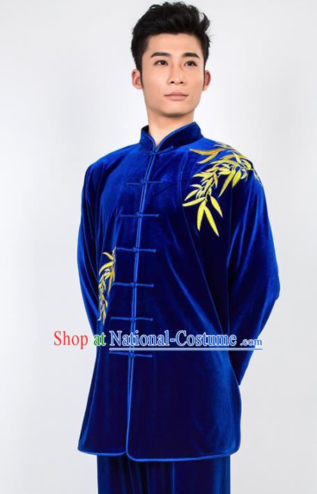 Chinese Traditional Martial Arts Competition Embroidered Royalblue Velvet Costume Kung Fu Tai Chi Training Clothing for Men