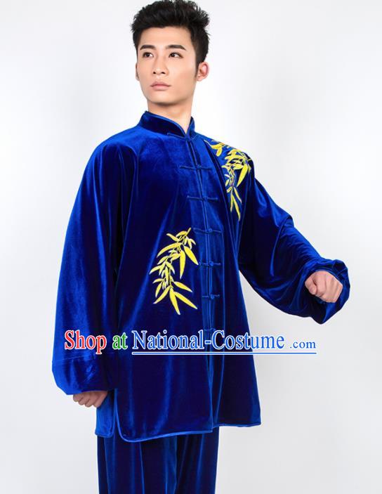 Chinese Traditional Martial Arts Competition Embroidered Royalblue Velvet Costume Kung Fu Tai Chi Training Clothing for Men