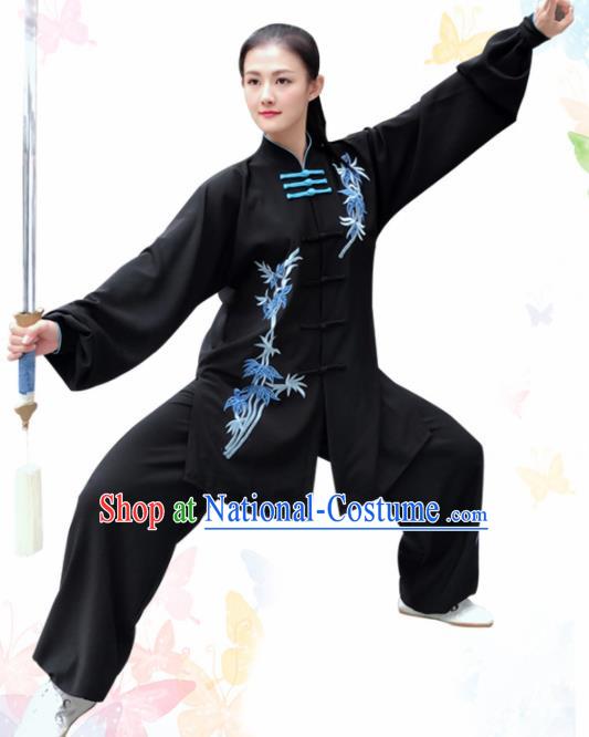 Professional Chinese Martial Arts Embroidered Bamboo Black Costume Traditional Kung Fu Competition Tai Chi Clothing for Women