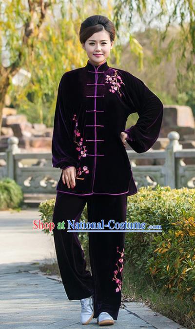 Professional Martial Arts Competition Embroidered Plum Purple Velvet Costume Chinese Traditional Kung Fu Tai Chi Clothing for Women