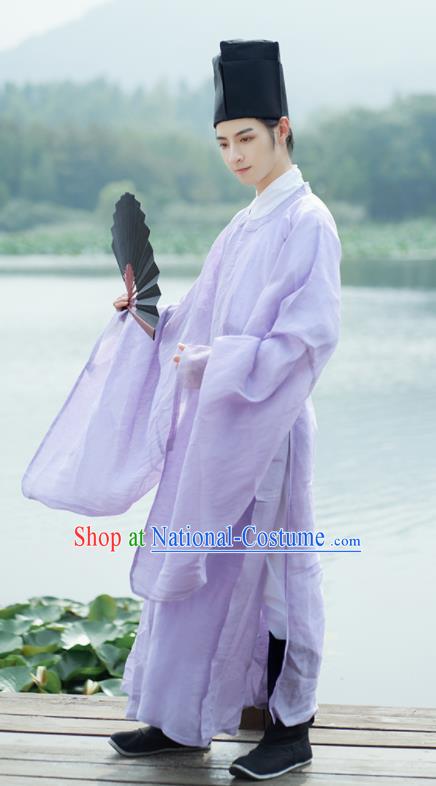 Traditional Chinese Ming Dynasty Childe Scholar Purple Robe Ancient Drama Taoist Priest Replica Costumes for Men