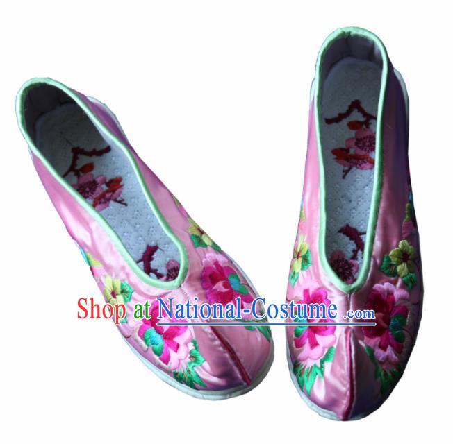 Traditional Chinese Embroidered Peony Pink Shoes Handmade Hanfu Shoes Ancient Princess Satin Shoes for Women