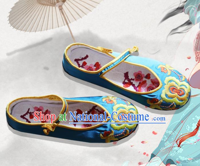 Traditional Chinese Blue Embroidered Shoes Handmade Hanfu Shoes Ancient Princess Shoes for Women