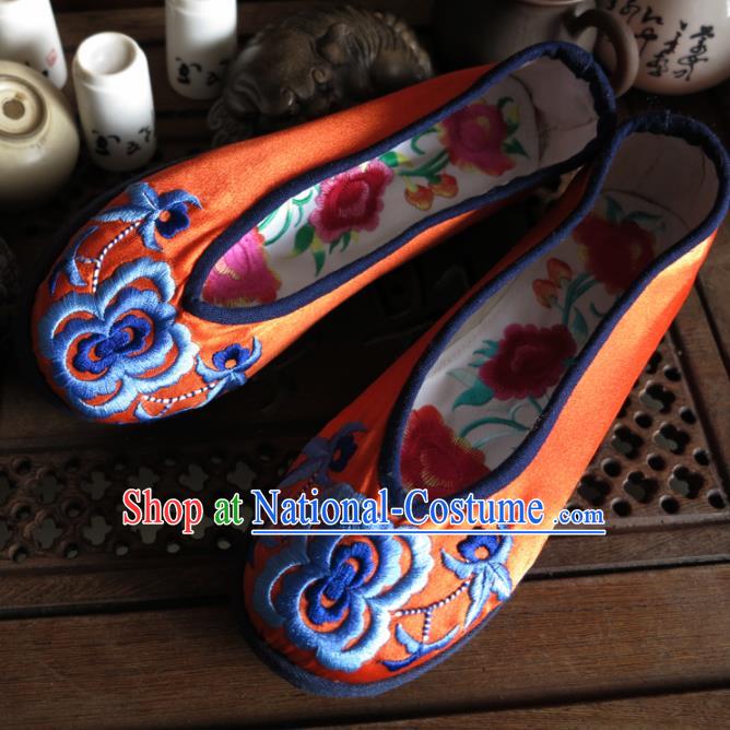 Traditional Chinese Orange Embroidered Shoes Handmade Hanfu Shoes Ancient Princess Shoes for Women