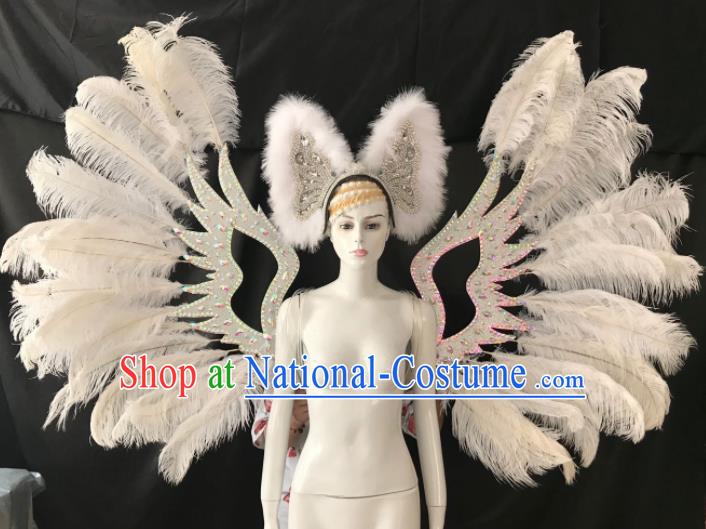 Customized Halloween Samba Dance White Feather Props Brazil Parade Wings Backboard and Headpiece for Women