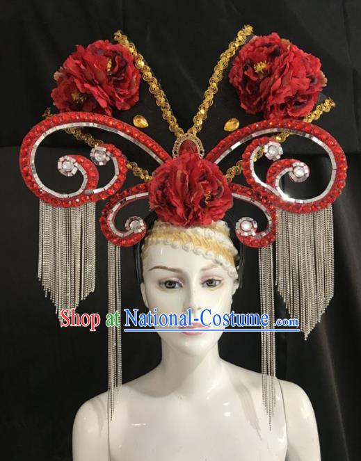 Customized Halloween Carnival Red Peony Giant Hair Accessories Brazil Parade Samba Dance Headpiece for Women