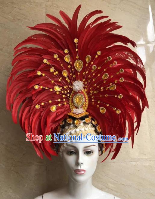 Customized Halloween Cosplay Red Feather Hair Accessories Brazil Parade Samba Dance Giant Headpiece for Women