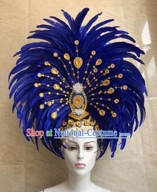 Customized Halloween Cosplay Royalblue Feather Hair Accessories Brazil Parade Samba Dance Giant Headpiece for Women