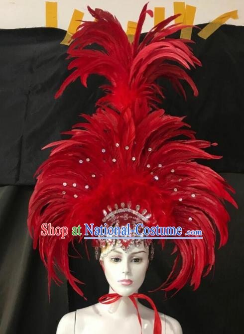 Customized Halloween Carnival Stage Show Red Feather Giant Hair Accessories Brazil Parade Samba Dance Headpiece for Women