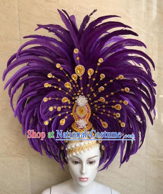 Customized Halloween Cosplay Purple Feather Hair Accessories Brazil Parade Samba Dance Giant Headpiece for Women