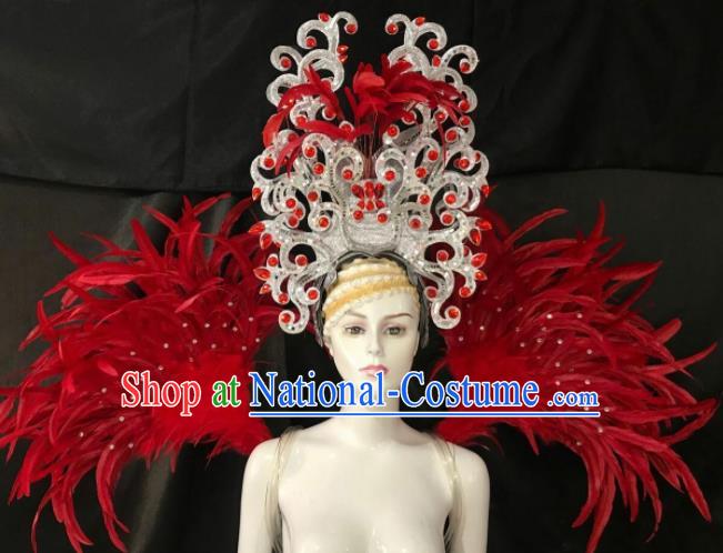 Customized Halloween Samba Dance Red Feather Props Brazil Parade Wings Backboard and Headpiece for Women