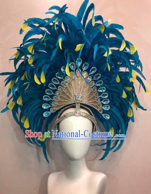 Customized Halloween Cosplay Peacock Blue Feather Hair Accessories Brazil Parade Samba Dance Giant Headpiece for Women